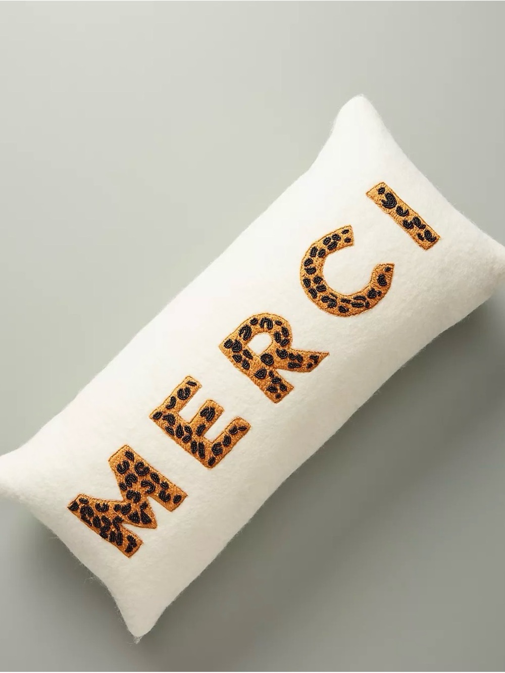 Anthropologie Merci Embroidered Leopard Letter Lumbar Pillow Cream Wool